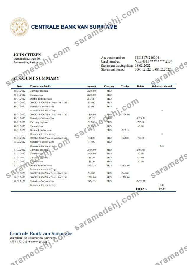 Suriname Centrale Bank Van Suriname bank statement template in Word and PDF format